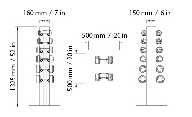 COLMIA VERTICAL Light Dumbbell Set Dimensions